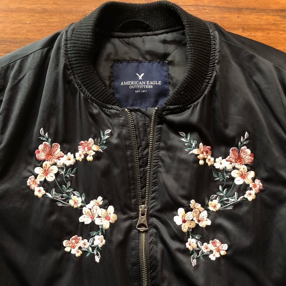 American Eagle Black Floral Varsity Bomber Style Jacket
